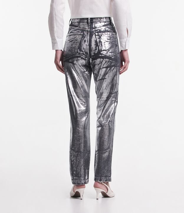 Calça Reta Cintura Alta em Jeans Metalizado com Bolsos Prata 5