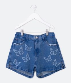 Short Cintura Alta Infantil em Jeans com Estampa de Borboletas - Tam 5 a 14 Anos