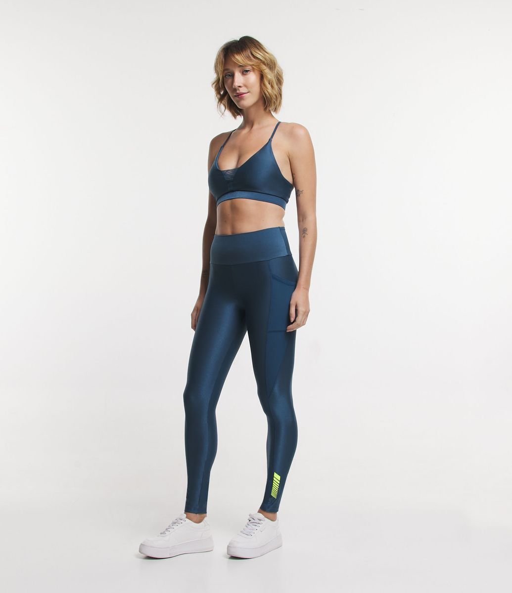 Calça Legging Esportiva em Poliamida com Bolso Lateral em Tule Azul