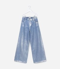 Calça Wide Leg Infantil em Jeans com Efeito Metalizado - Tam 5 a14 anos