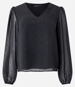 Blusa Manga Longa em Chiffon com Brilho Aplicado