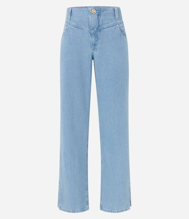 Calça Reta Cintura Alta em Jeans com Bolsos e Fenda Azul 5