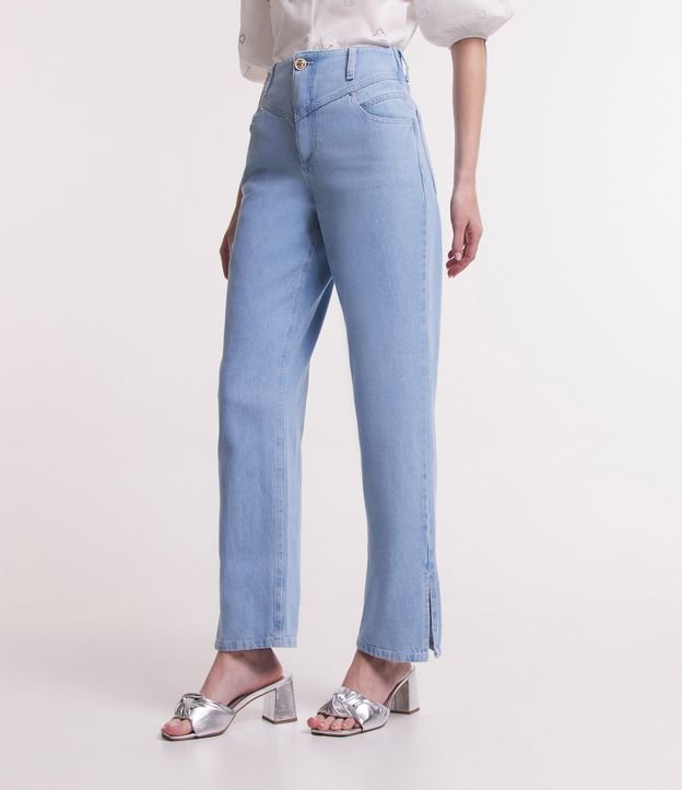 Calça Reta Cintura Alta em Jeans com Bolsos e Fenda Azul 2