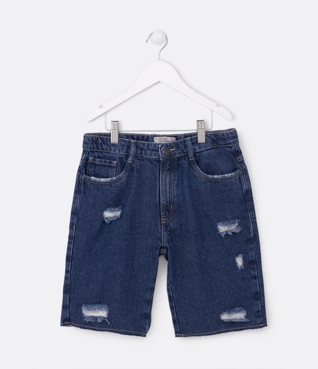 Bermuda Infantil em Jeans com Puídos e Barra Corte a Fio - Tam 5 a 14 Anos Azul 1