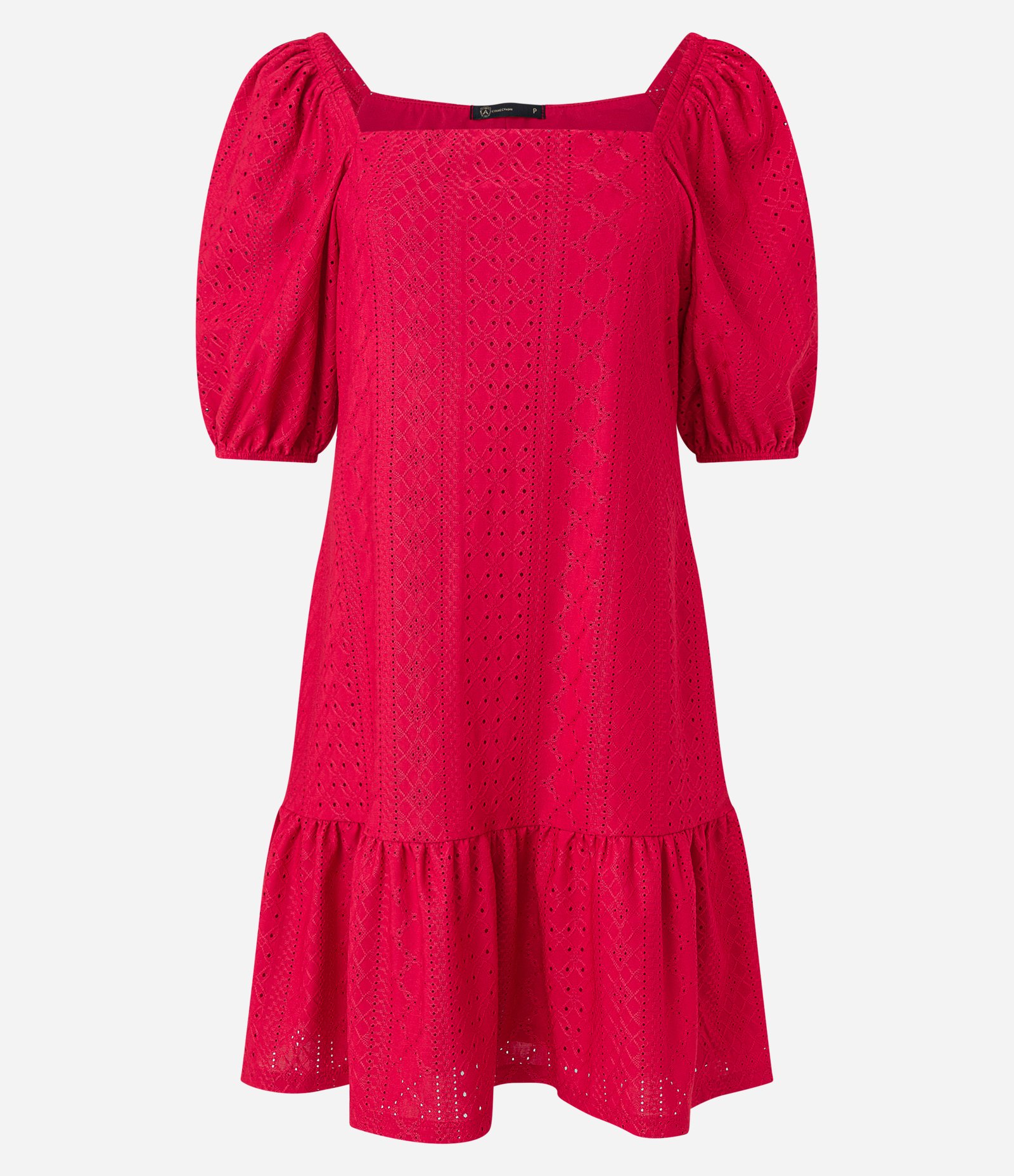 Vestido Curto em Laise com Manga Bufante e Babado na Barra Vermelho 5
