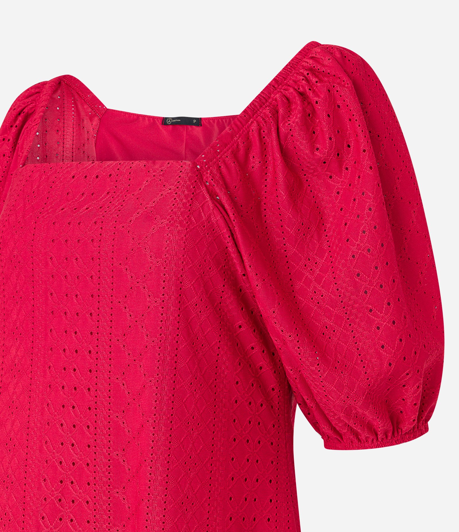 Vestido Curto em Laise com Manga Bufante e Babado na Barra Vermelho 6