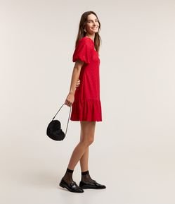 Vestido Curto em Laise com Manga Bufante e Babado na Barra