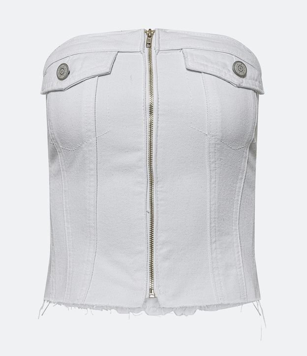 Blusa Cropped em Jeans com Decote Tomara que Caia e Barra a Fio Branco 5