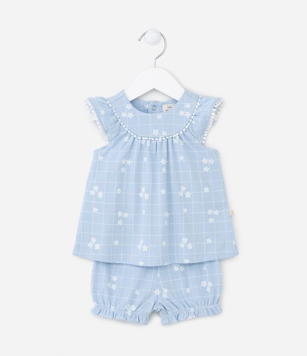 Conjunto Infantil com Babadinhos e Estampa Xadrez Floral - Tam 0 a 18 meses