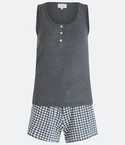 Pijama Short Doll em Viscose com Blusa Canelada e Short Xadrez