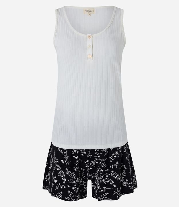 Pijama Curto em Viscolycra com estampa Raminhos Florais Branco/ Preto 5