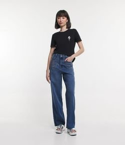 Calça Wide Leg Jeans com Brilhos e Barra Desfeita