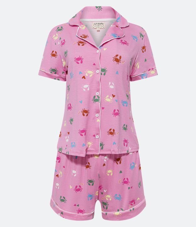 Pijama Americano Curto em Viscolycra com Viés Contrastante e Estampa Siris Rosa 5