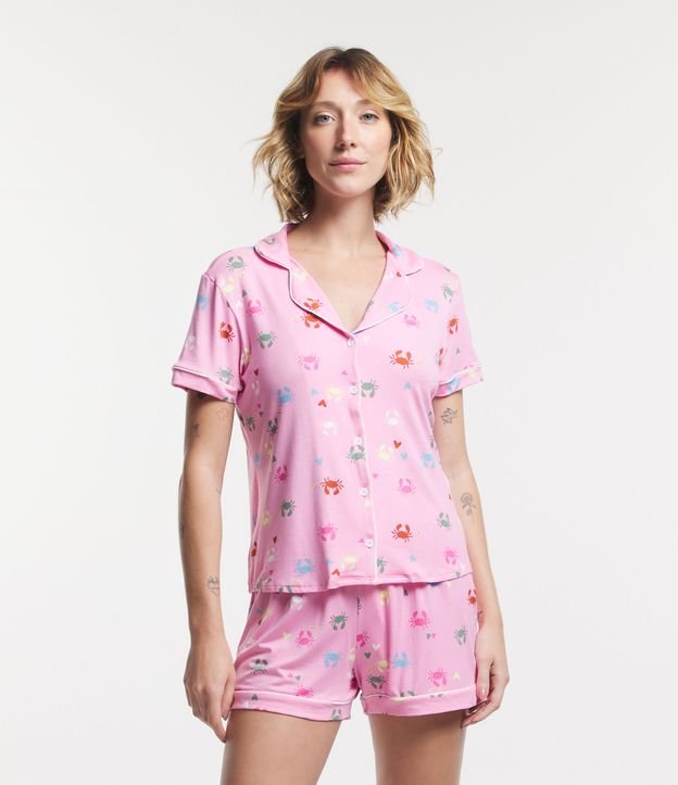 Pijama Americano Curto em Viscolycra com Viés Contrastante e Estampa Siris Rosa 1