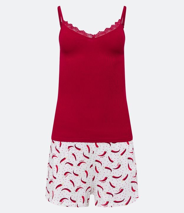 Pijama Short Doll Alcinha em Ribana com Decote Rendado e Estampa Pimentas Vermelho/ Branco 5