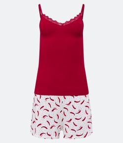 Pijama Short Doll Alcinha em Ribana com Decote Rendado e Estampa Pimentas
