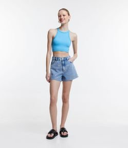 Short Cintura Alta Jeans com Brilhos de Corações e Estrelinhas