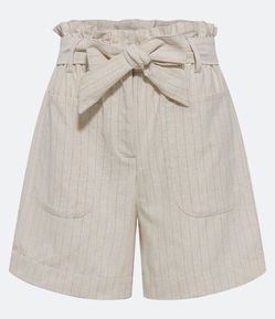 Short Clochard Cintura Alta em Linho Listrado com Amarração por Faixa