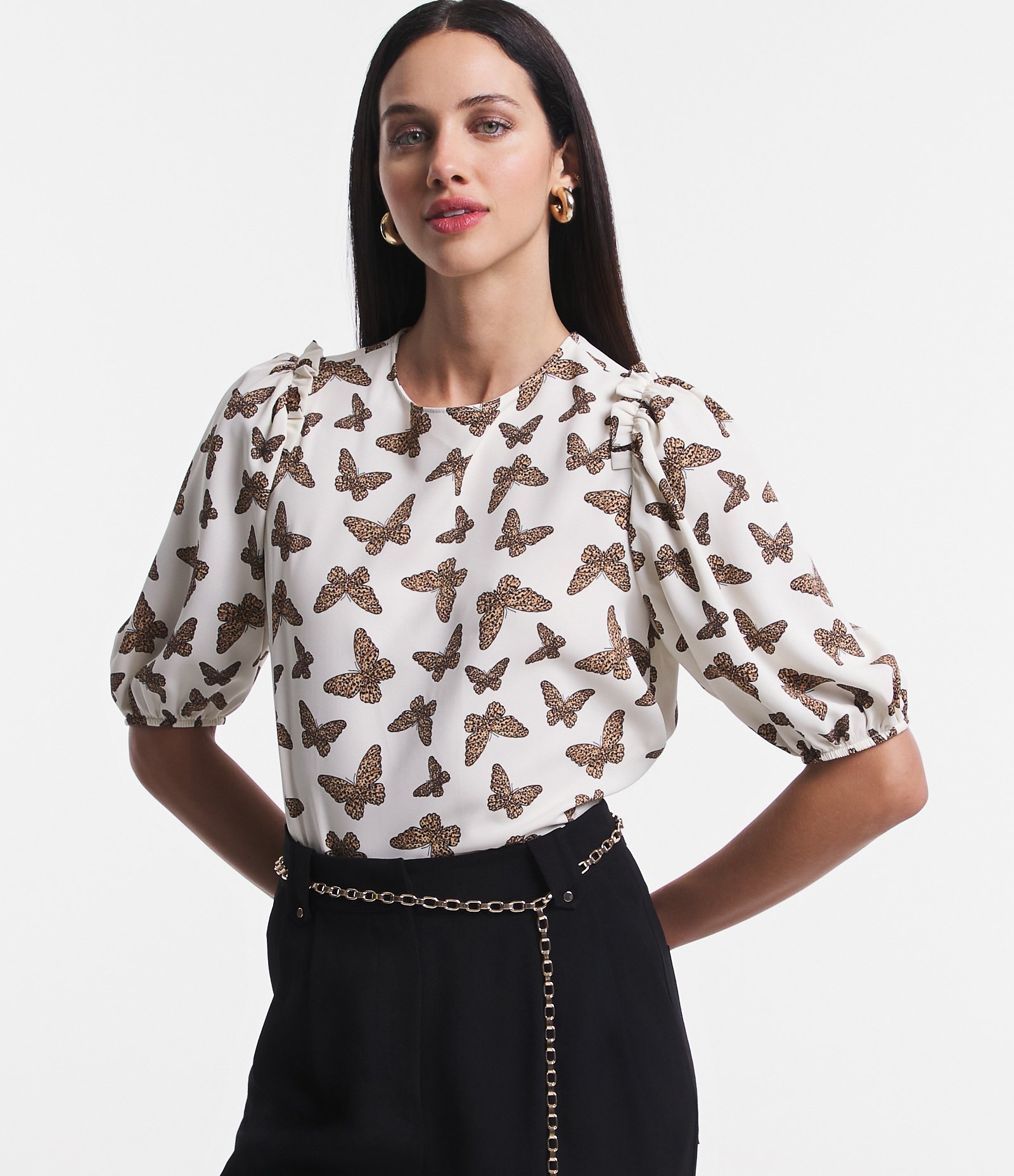 Blusa Manga Curta em Crepe com Borboletas Estampadas Off White 1