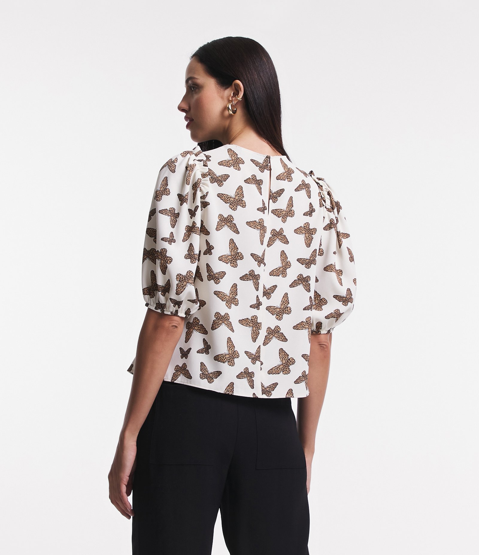 Blusa Manga Curta em Crepe com Borboletas Estampadas Off White 3