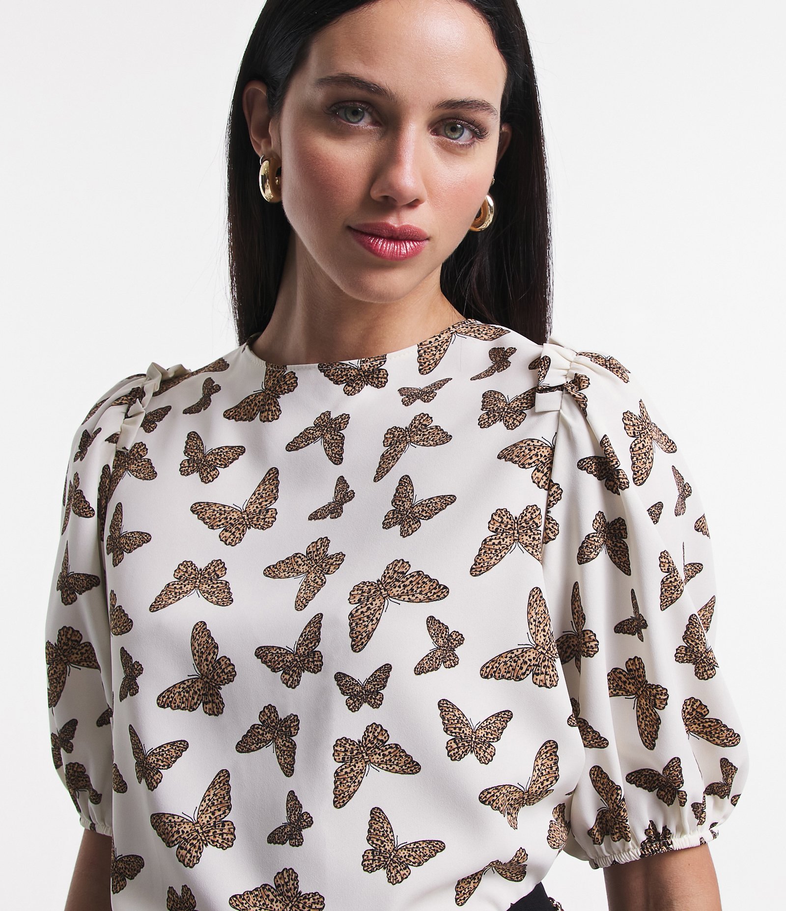 Blusa Manga Curta em Crepe com Borboletas Estampadas Off White 4