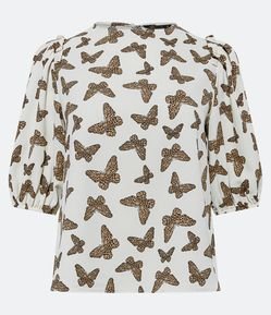 Blusa Manga Curta em Crepe com Borboletas Estampadas