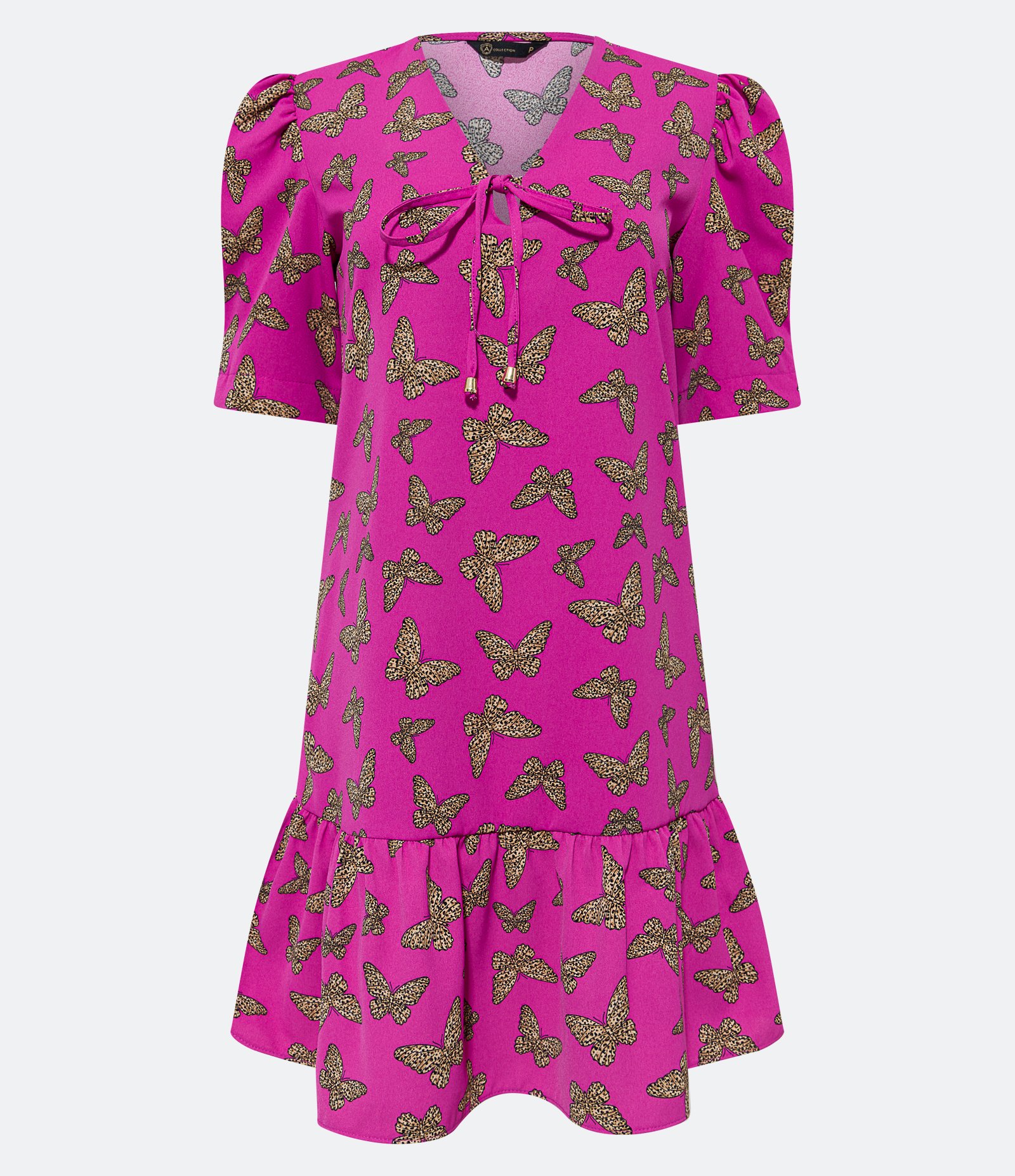 Vestido Curto Manga Bufante em Crepe com Borboletas Estampadas Rosa 6
