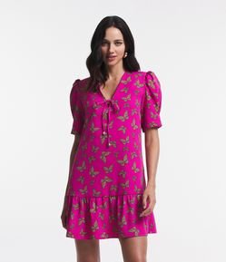 Vestido Curto Manga Bufante em Crepe com Borboletas Estampadas