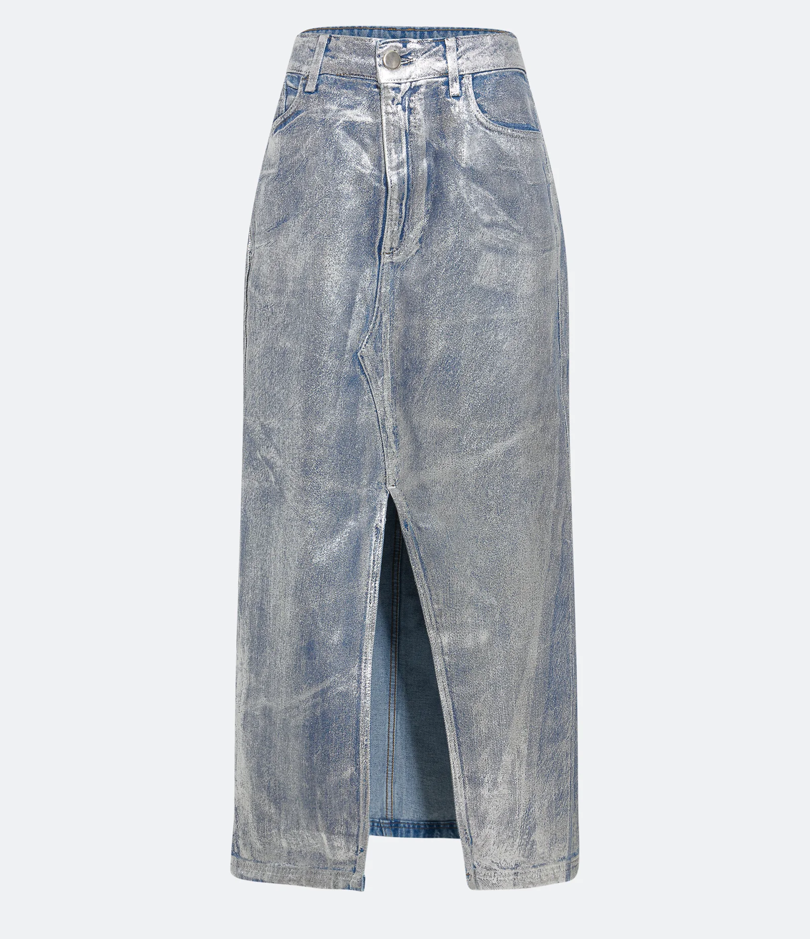 Saia Midi Jeans com Fenda Frontal e Efeito Metalizado Prata 1