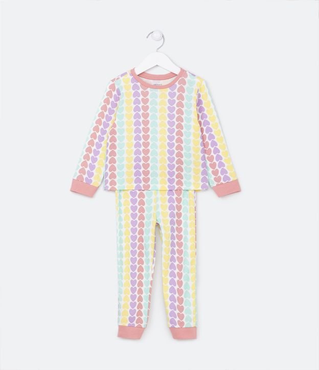 Pijama Longo Infantil com Lacinho Aplicado e Estampa de Coraçõezinhos - Tam 1 a 4 Anos