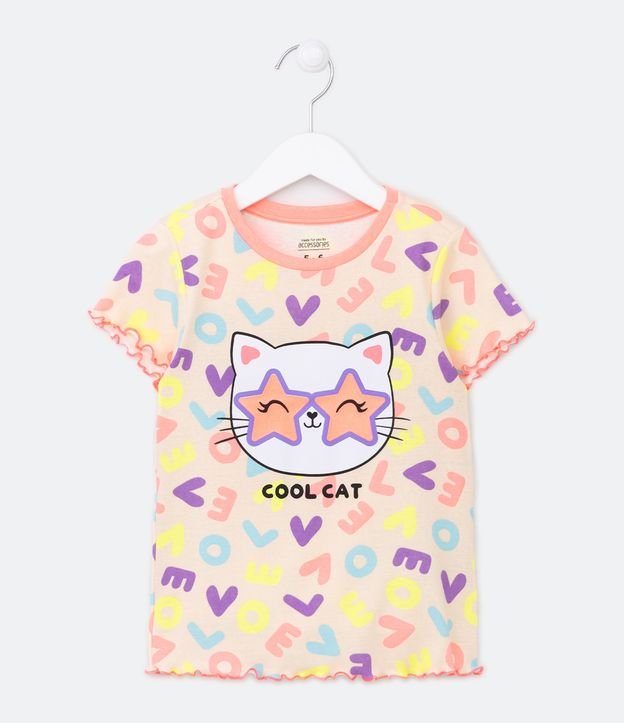 Pijama Corto Infantil en Rib con Estampado Gatito de Lentes - Talle 5 a 14 años Beige 2