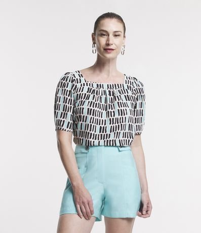 Blusa Manga Bufante em Crepe com Estampa Geométrica Irregular Menor preço em Blusa Manga Bufante em Crepe com Estampa Geométrica Irregular