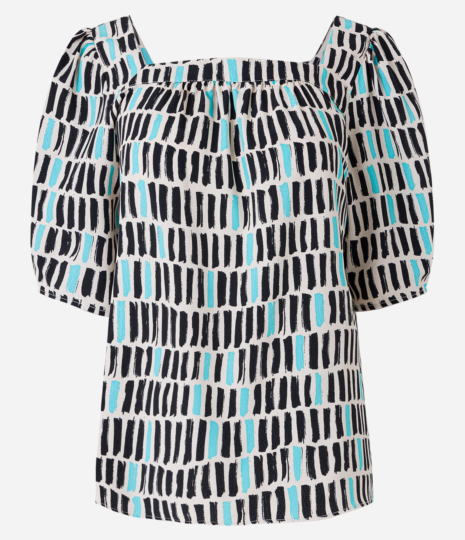 Blusa Manga Bufante em Crepe com Estampa Geométrica Irregular Bege/Preto/Azul Turquesa 1