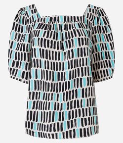 Blusa Manga Bufante em Crepe com Estampa Geométrica Irregular