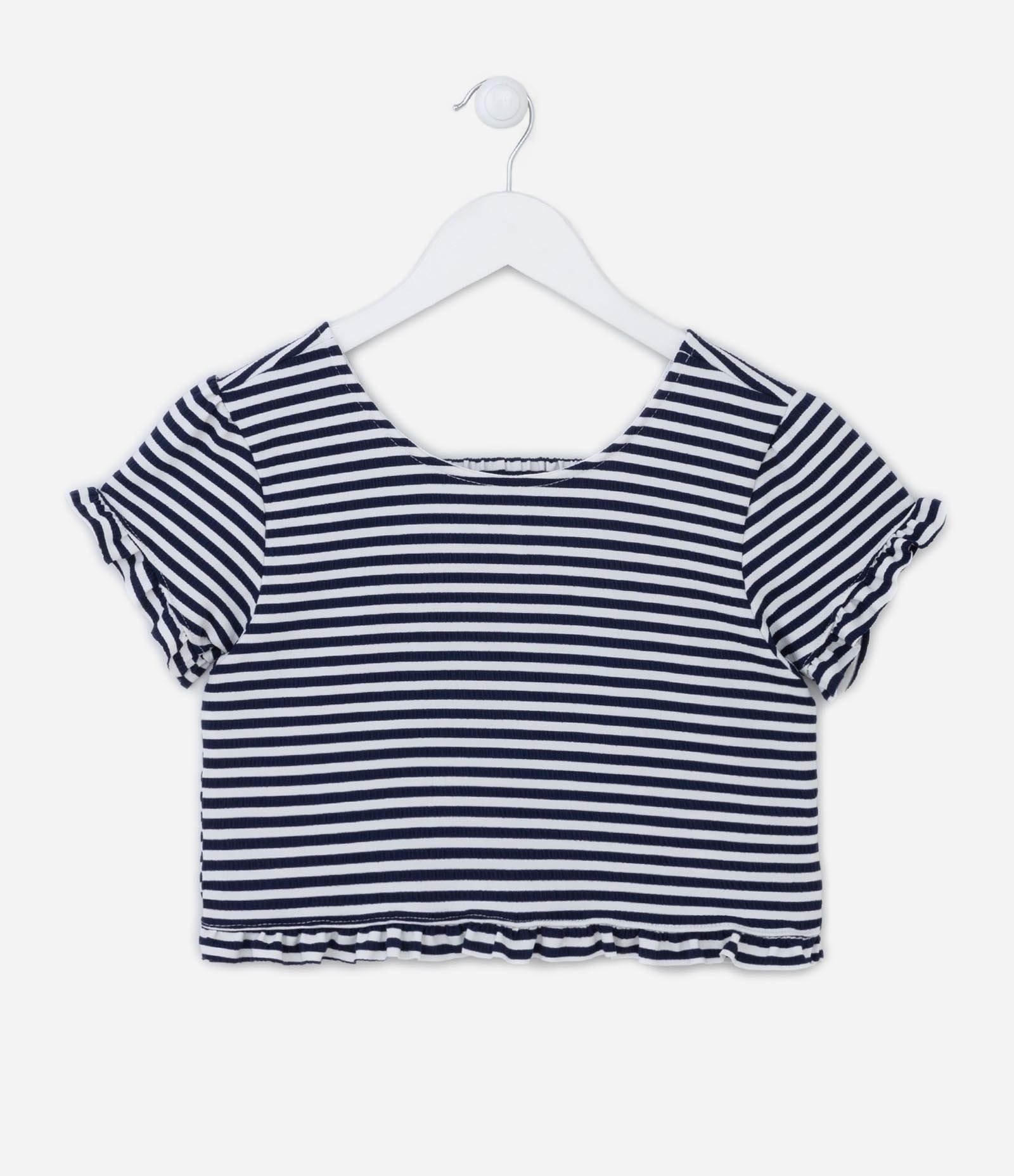 Blusa Manga Curta Infantil com Babadinhos e Estampa Listrada - Tam 5 a 14 Anos Azul 1