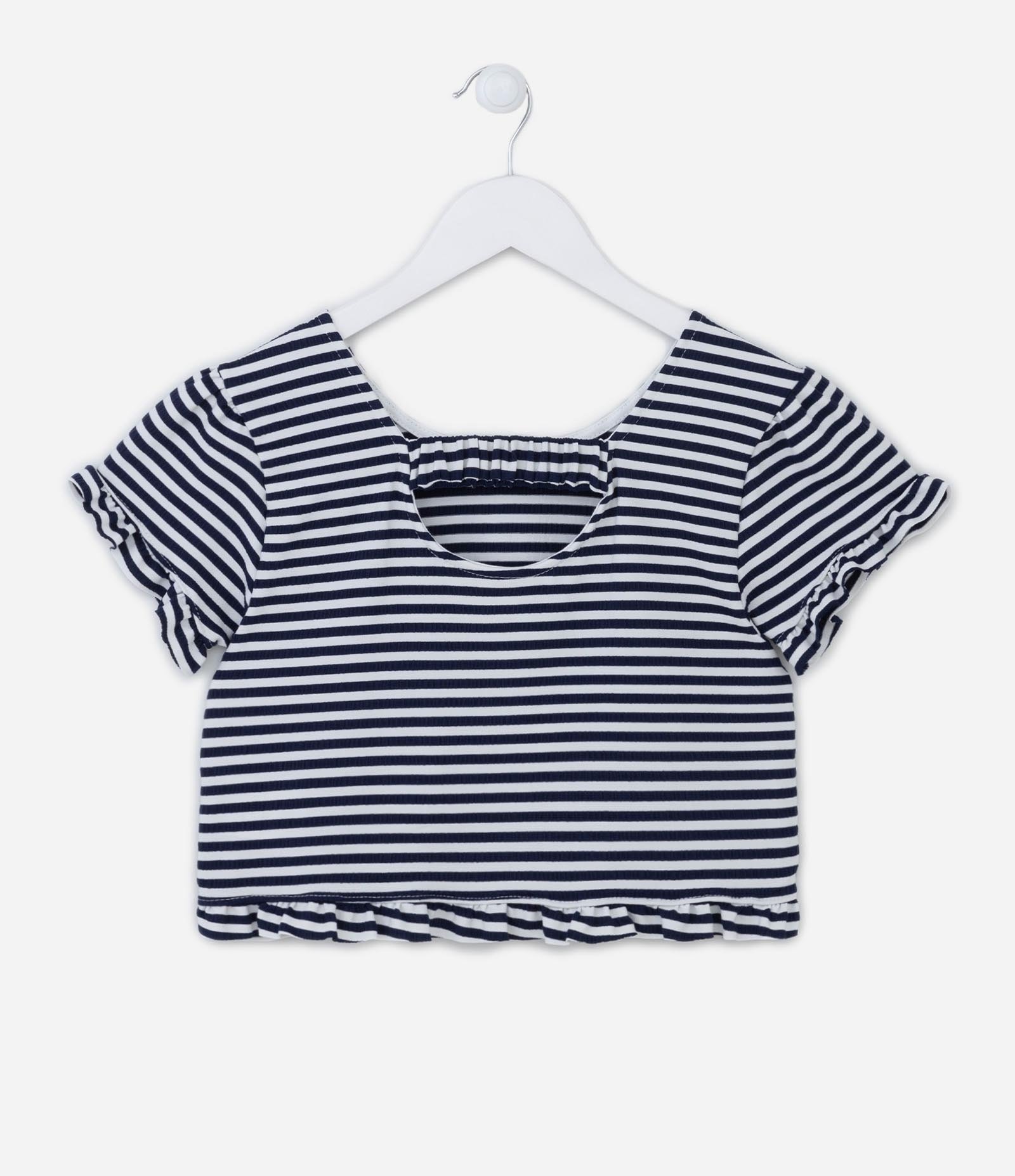 Blusa Manga Curta Infantil com Babadinhos e Estampa Listrada - Tam 5 a 14 Anos Azul 2