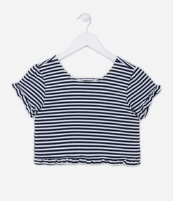 Blusa Manga Curta Infantil com Babadinhos e Estampa Listrada - Tam 5 a 14 Anos