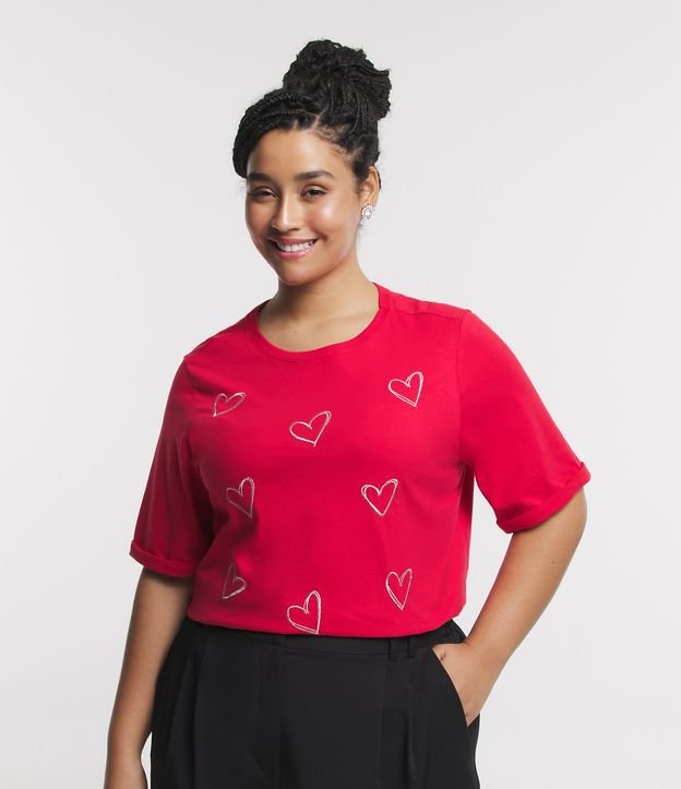 Blusa em Meia Malha com Corações Bordados em Fio Metalizado Curve & Plus Size Vermelho 1