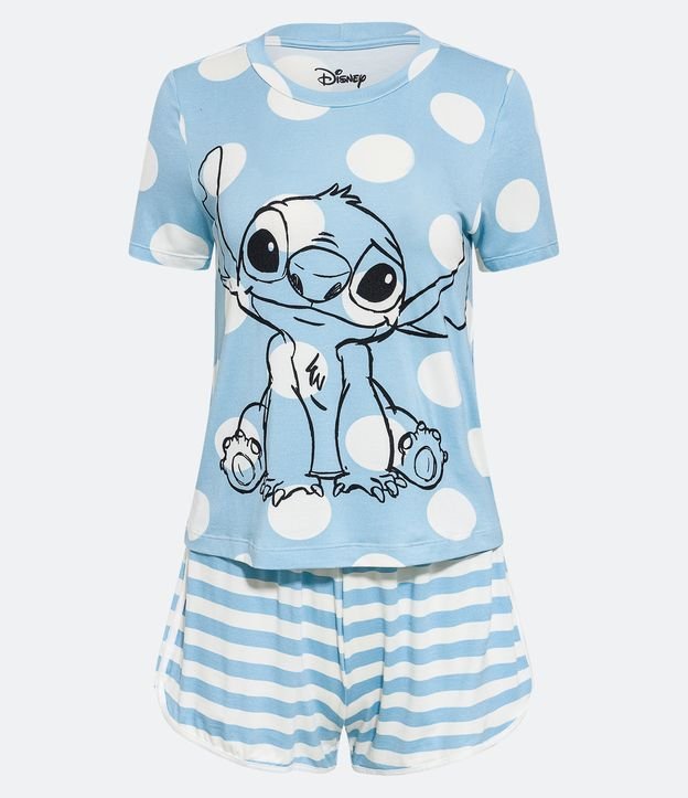 Pijama Curto em Viscolycra com Estampa Stitch Azul/ Branco 5