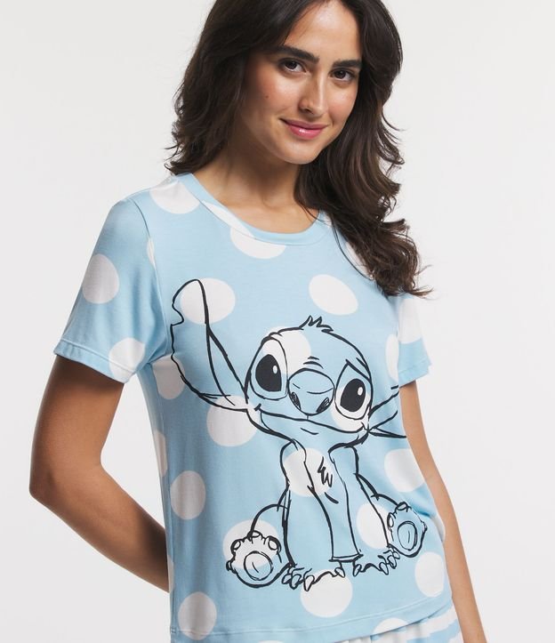 Pijama Curto em Viscolycra com Estampa Stitch Azul/ Branco 3