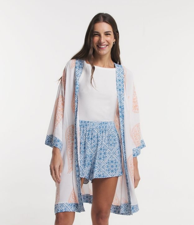 Trio de Pijama em Viscose com Robe e Estampa Arabescos