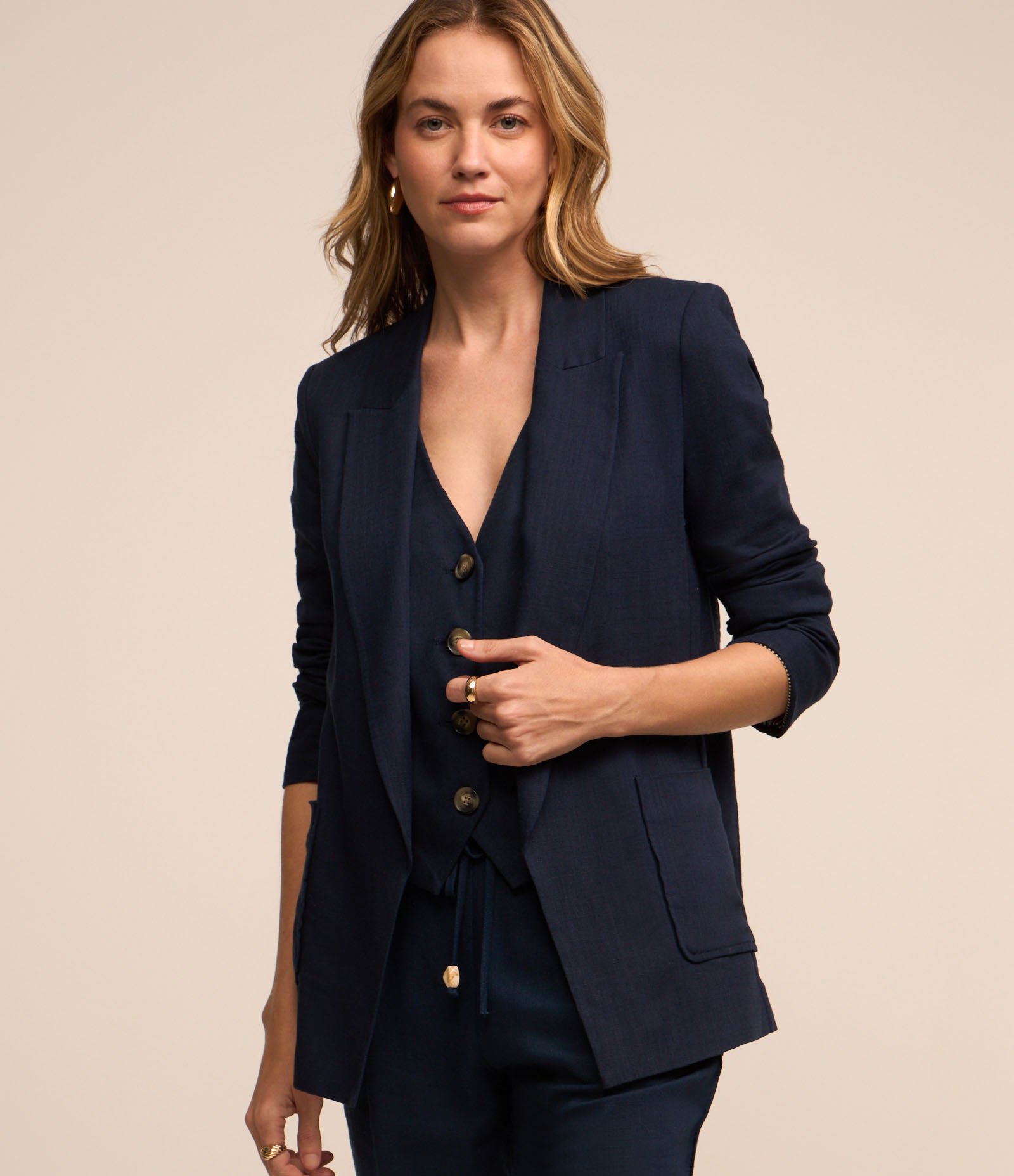 Blazer em Viscose com Forro Listrado Azul Marinho 1