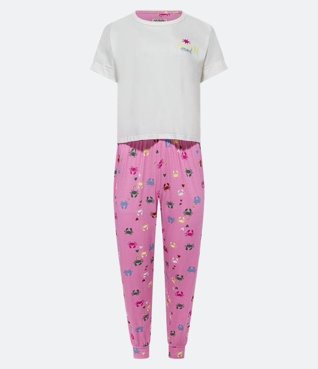 Pijama Longo em Viscolycra com Blusa Manga Curta e Calça Jogger Estampa Caranguejos Branco Neve e Rosa 5