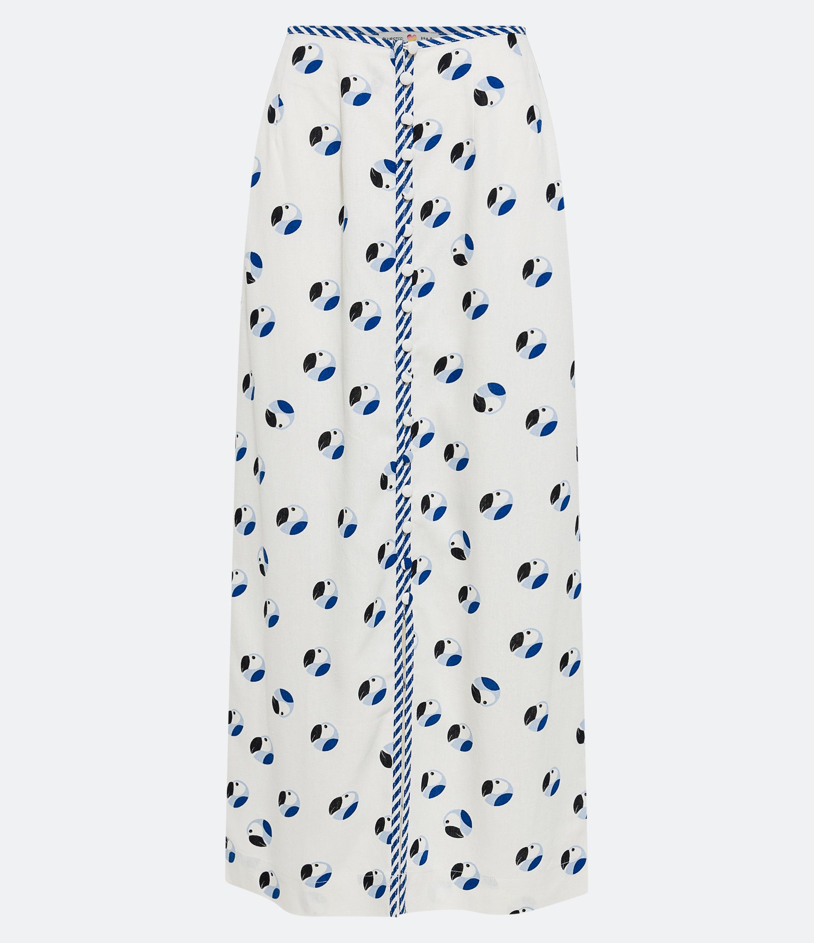 Saia New Midi em Linho Reta com Botões e Estampa de Araras Off White 6