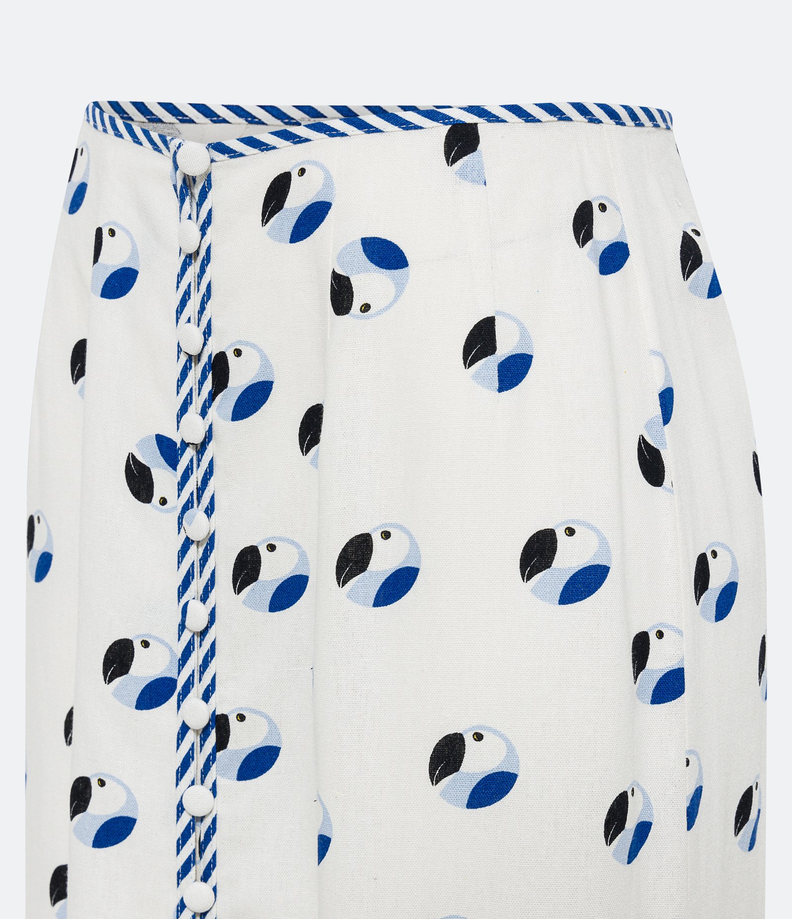 Saia New Midi em Linho Reta com Botões e Estampa de Araras Off White 7