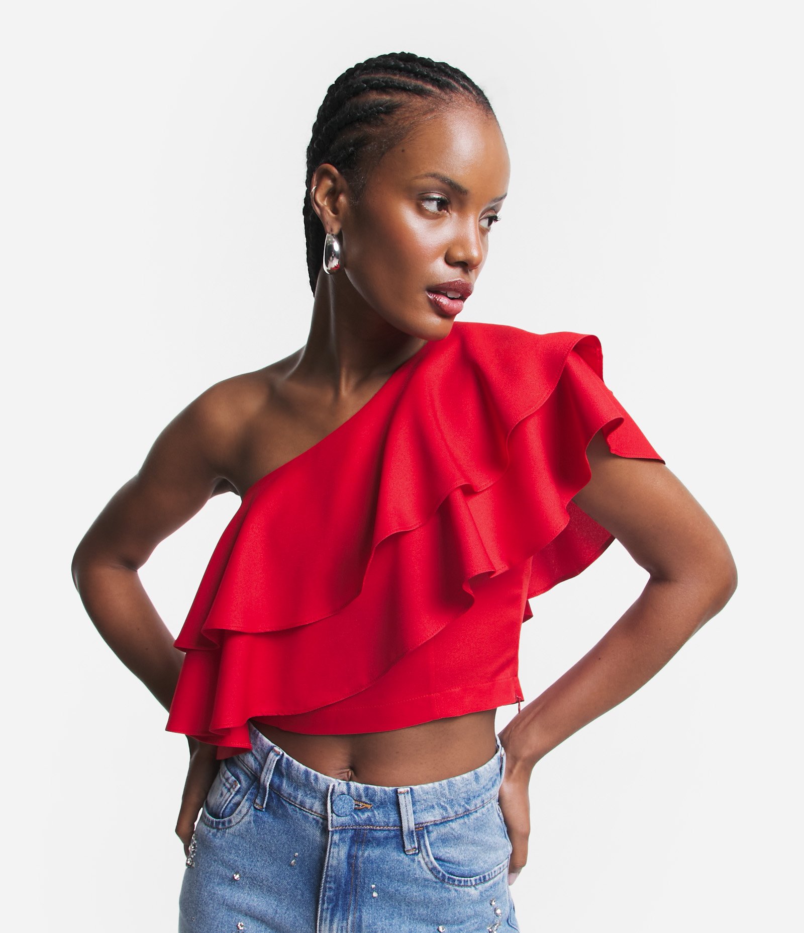 Top em Crepe com Decote Ombro Só e Babados Duplos Vermelho 1