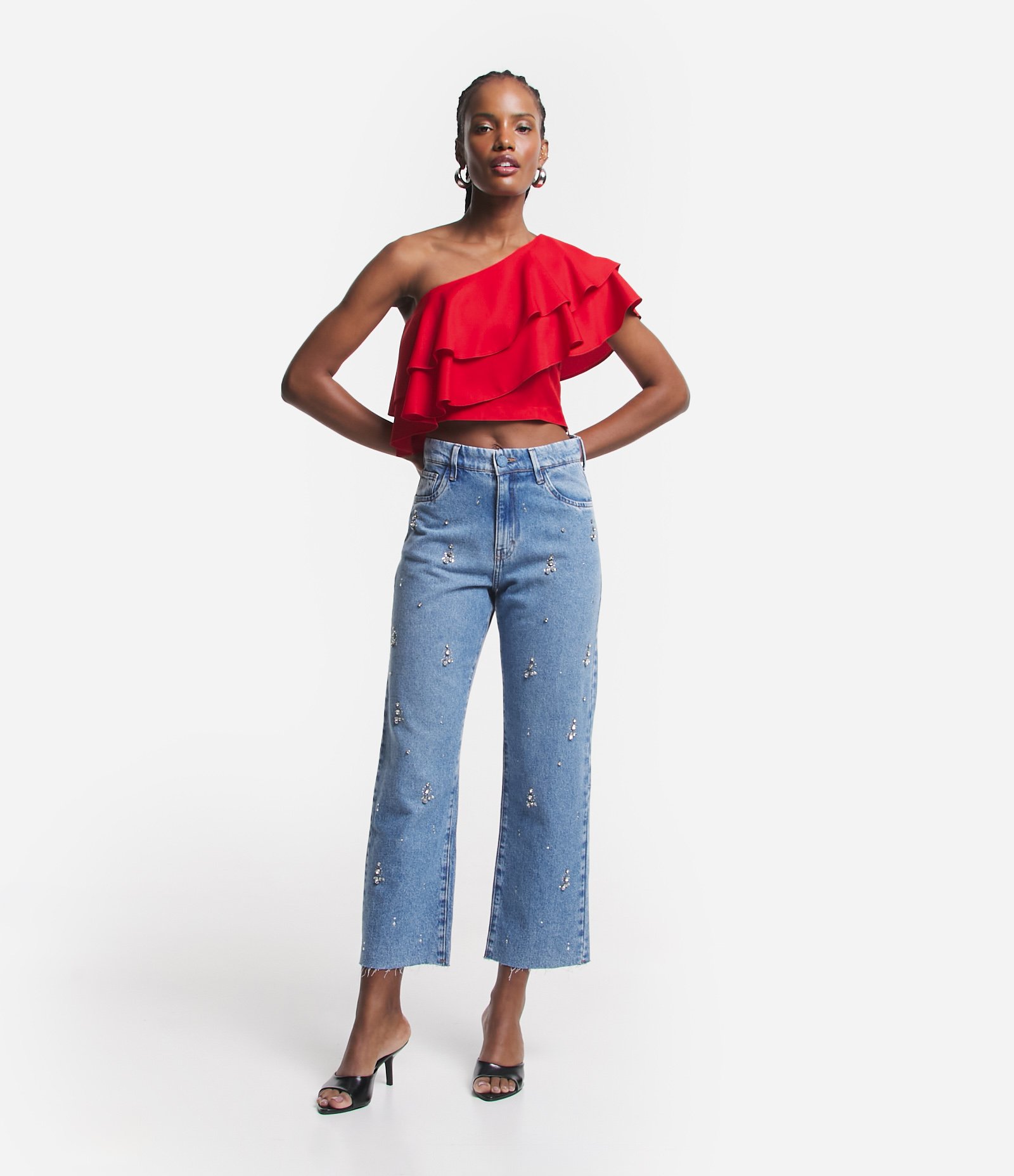 Top em Crepe com Decote Ombro Só e Babados Duplos Vermelho 2