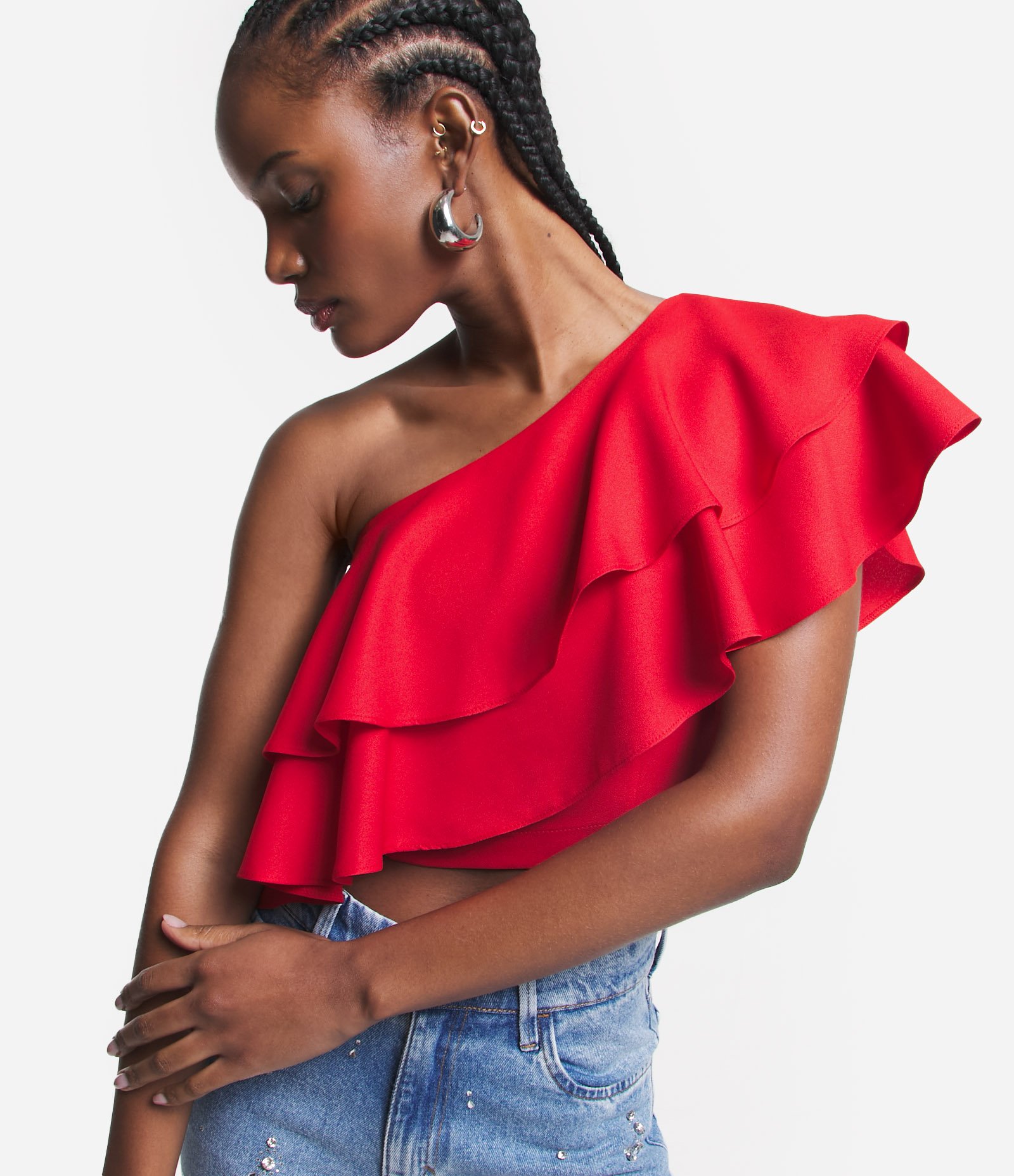 Top em Crepe com Decote Ombro Só e Babados Duplos Vermelho 5