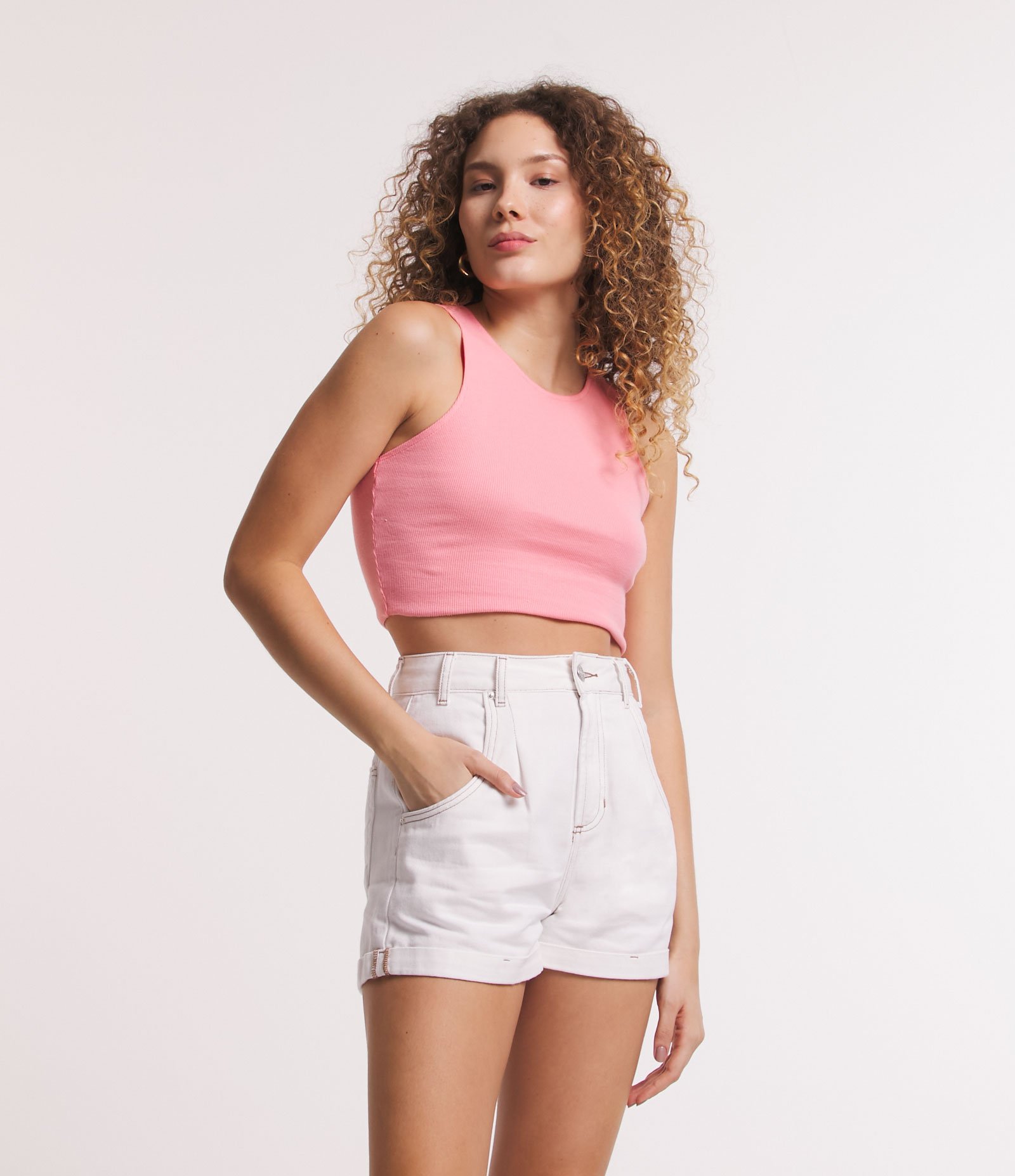 Blusa Cropped sem Manga em Algodão com Textura Canelada Rosa 1