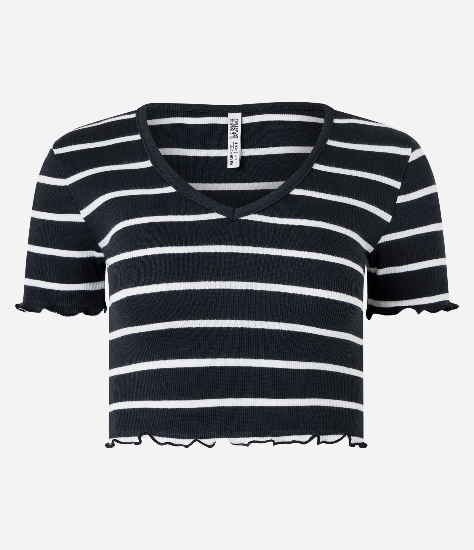 Blusa Cropped em Ribana Listrada com Frufru nas Mangas e Barra Preto 1